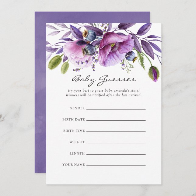 Watercolor Violet Poppy Floral Baby Shows Einladung (Vorne/Hinten)