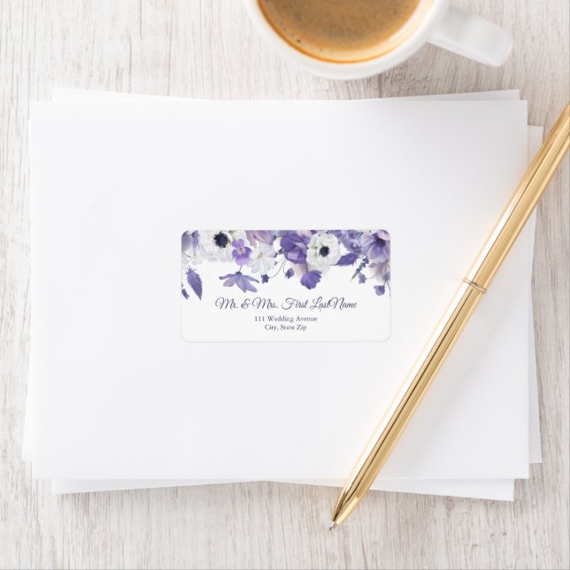 Watercolor Violet Purple Flowers Wedding Address Adressaufkleber (Insitu)