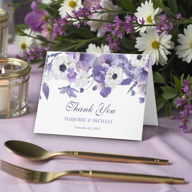 Watercolor Violet Purple Flowers Wedding Dankeskarte (Von Creator hochgeladen)