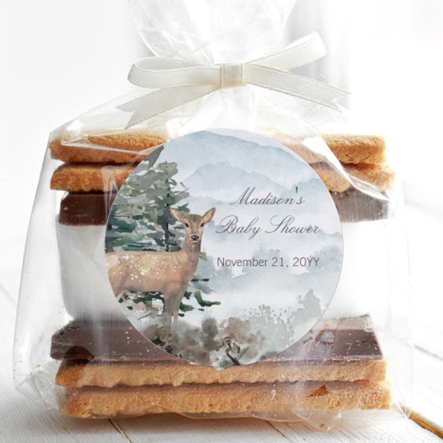 Watercolor Wald Forest Doe Baby Dusche Runder Aufkleber (Watercolor Woodland Forest Doe Baby Shower Favor Sticker)