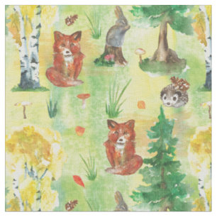 Watercolor Wald Kaninchen, Igel, Fuchs Stoff