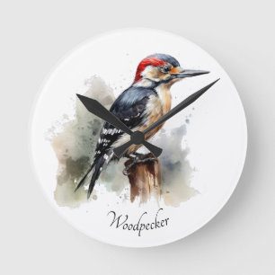 Watercolor-Wald-Specht, individuell anpassbar Runde Wanduhr