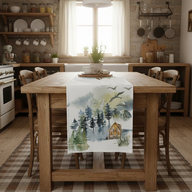 Watercolor-Waldszene Kurzer Tischläufer (Von Creator hochgeladen)