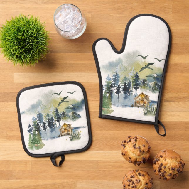 Watercolor-Waldszene Ofenhandschuh & Topflappen-Set (Oben Unten)