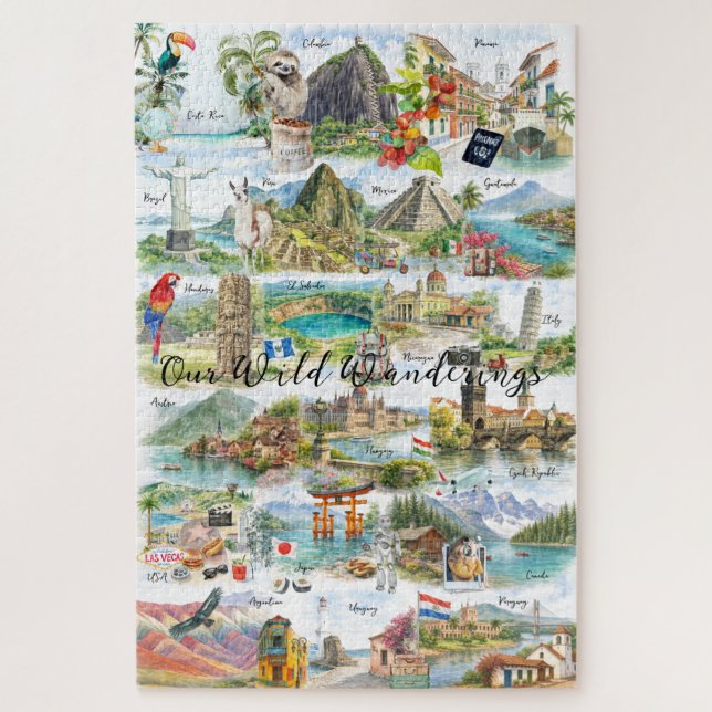Watercolor Wanderlust Travel Collage Puzzle (Vertikal)