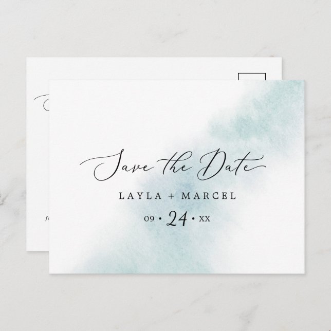 Watercolor Wash | Blaue Save the Date Postkarte (Vorne/Hinten)