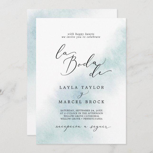Watercolor Wash | Blue La Boda De Wedding Einladung (Vorne/Hinten)