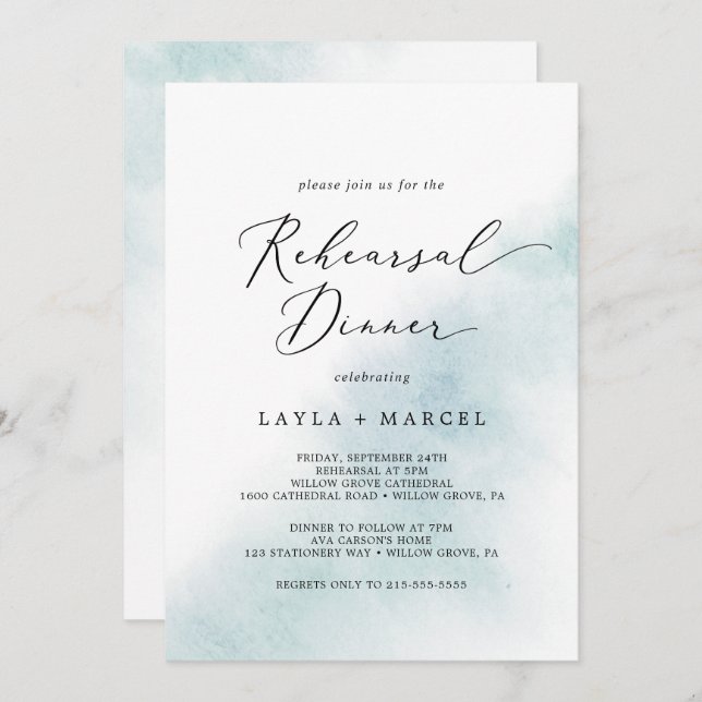 Watercolor Wash | Blue Probe Dinner Einladung (Vorne/Hinten)