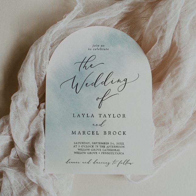 Watercolor Wash Blue Simple Boho Arch Wedding Einladung (Watercolor Wash Blue Simple Boho Arch Wedding Invitation)