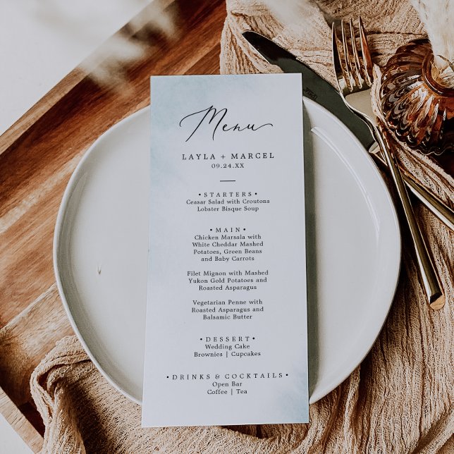 Watercolor Wash | Blue Wedding Dinner Menu Menükarte (Von Creator hochgeladen)