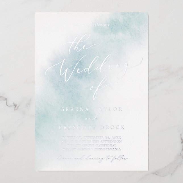 Watercolor Wash | Hochzeit von Blauen und Silberst Folieneinladung (Vorderseite)