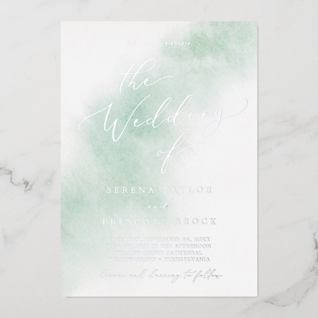 Watercolor Wash | Hochzeit von Grün und Silberfoli Folieneinladung (Vorderseite)