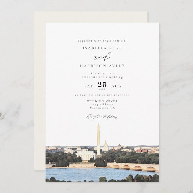 Watercolor Washington DC Monument Skyline Wedding Einladung (Vorne/Hinten)