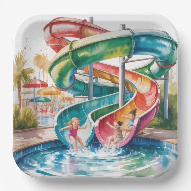 Watercolor Waterslide Kids Birthday Party Pappteller (Vorderseite)