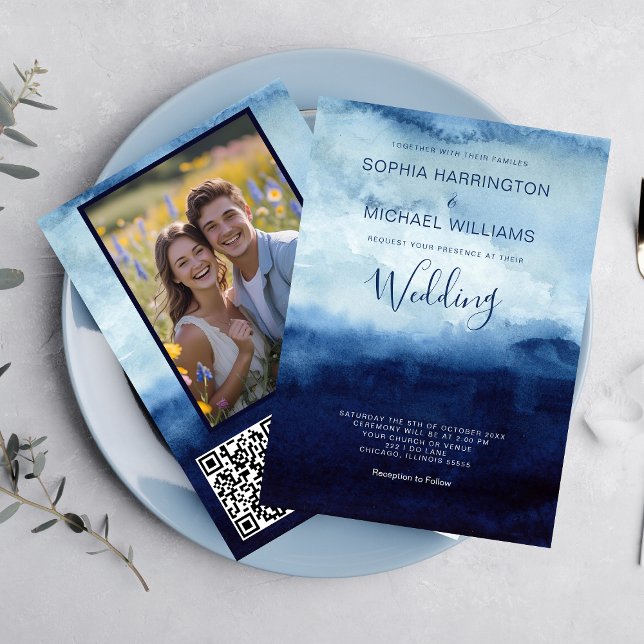 Watercolor Wedding Invitation QR Code Navy Blue  Einladung (Von Creator hochgeladen)