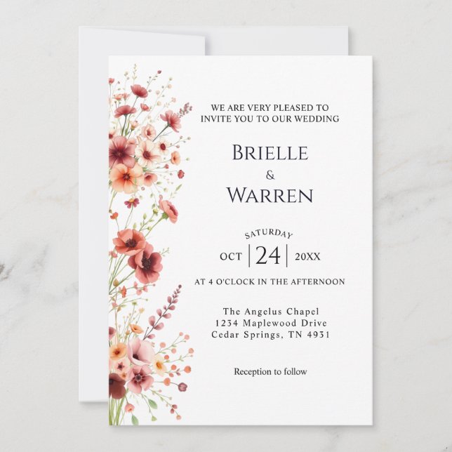 Watercolor Wedding Invitation with Wild Flowers Einladung (Vorderseite)