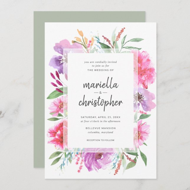 Watercolor Wedding Spring Bouquet Modernes Angebot Einladung (Vorne/Hinten)