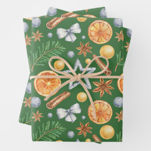 Watercolor Weihnachten Orange Gewürz, Immergrün Geschenkpapier Set