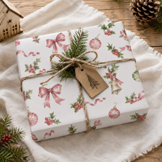 Watercolor-Weihnachten Rosa Schleife Stechpalme &  Geschenkpapier