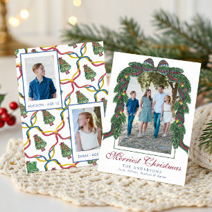 Watercolor-Weihnachts-Kariert-Bogen-Girlande-Swag- Feiertagskarte