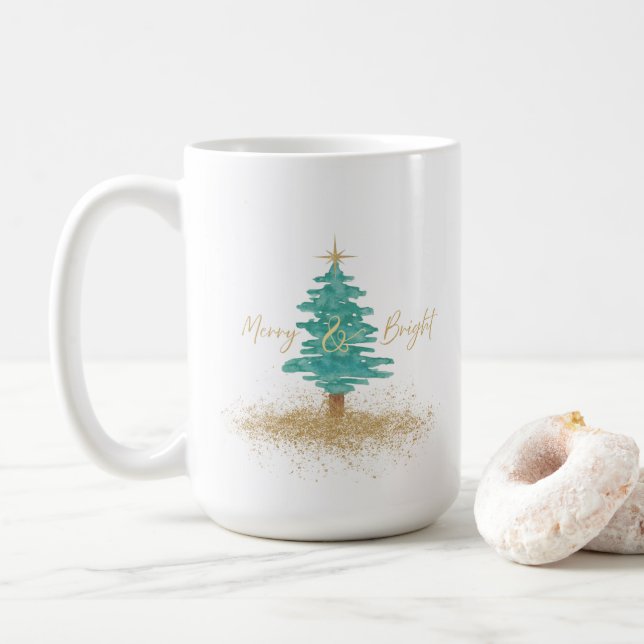 Watercolor-Weihnachtsbaum "Fröhlich & Hell" Feiert Kaffeetasse (Mit Donut)