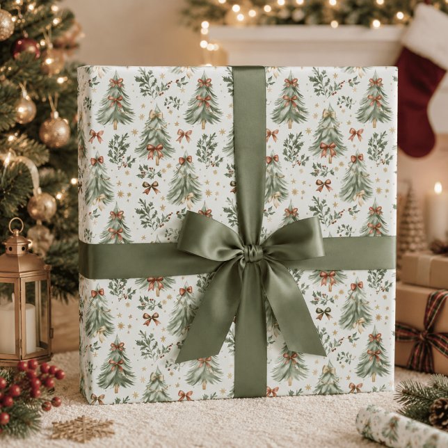 Watercolor-Weihnachtsbaum & Schleifen-Geschenkpapi Geschenkpapier (Von Creator hochgeladen)