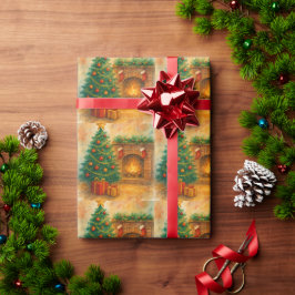 Watercolor-Weihnachtsbaum und gemütlicher Kamin -  Geschenkpapier