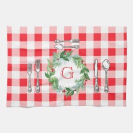 Watercolor Weihnachtsgirlande MONOGRAMM Rot Karier Geschirrtuch