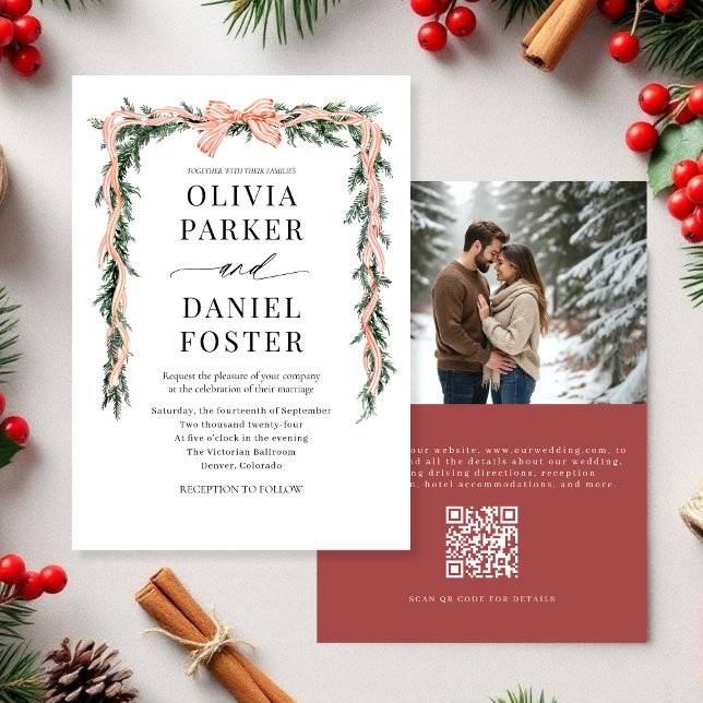 Watercolor-Weihnachtsgrün-QR-Code-Foto-Schleife Einladung (Von Creator hochgeladen)