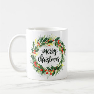 Watercolor-Weihnachtskranz-Tasse – Frohe Weihnacht Kaffeetasse