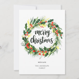 Watercolor-Weihnachtskranzkarte Elegantes Grün Feiertagskarte