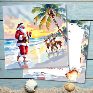 Watercolor-Weihnachtsmann & Rentiere am Strand Wei Feiertagskarte