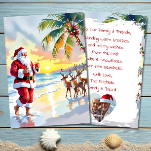 Watercolor-Weihnachtsmann & Rentiere am Strand Wei Feiertagskarte