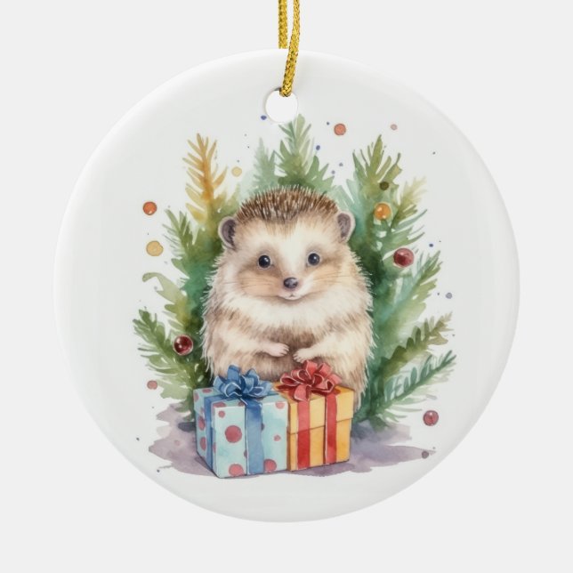 Watercolor Weihnachtszeit-Igel Keramik Ornament (Vorne)