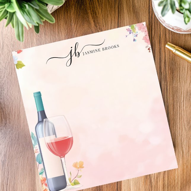 Watercolor Wein Flasche Flora Personalisiert Notizblock (Von Creator hochgeladen)