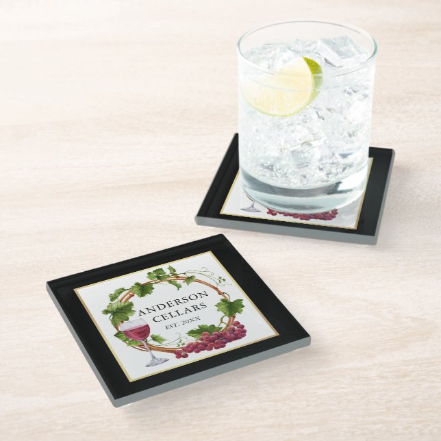 Watercolor Weinkultur und Erde Weintrauben Weinrou Glasuntersetzer (Schrägansicht)