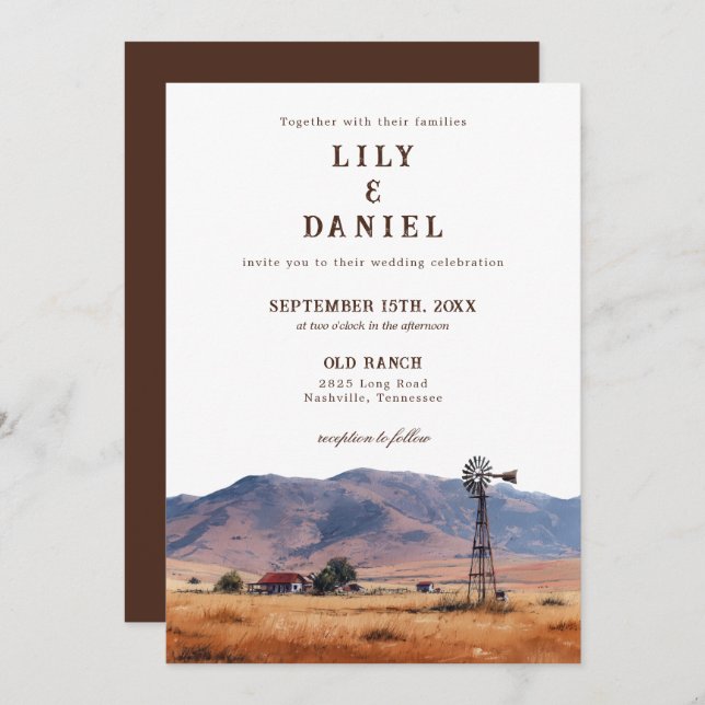 Watercolor Western Mountain Cowboy Ranch Wedding Einladung (Vorne/Hinten)