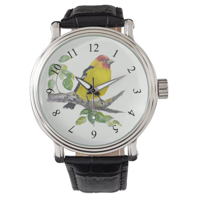 Watercolor Western Tanager Bird Birding Birdwatch Armbanduhr (Vorderseite)