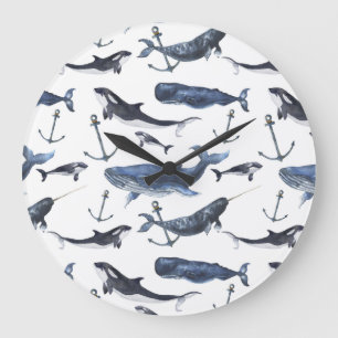 Watercolor Whale & Anchor Pattern Große Wanduhr