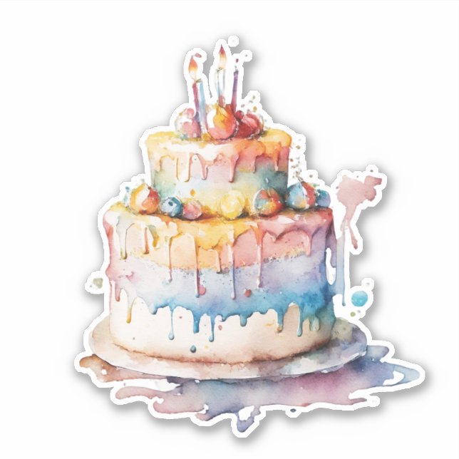 Watercolor Whimsical Birthday Cake Aufkleber (Vorderseite)