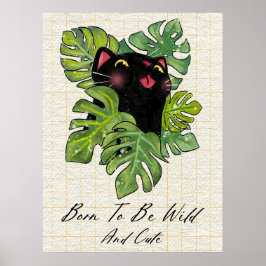 Watercolor Whimsical Black Cat And Monstera Leaves Poster