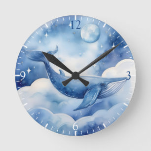 Watercolor Whimsical Blue Whale Runde Wanduhr