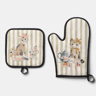 Watercolor Whimsical Cat Ofenhandschuh & Topflappen-Set