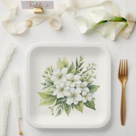 Watercolor White Apple Blossom Bouquet Pappteller