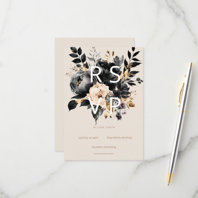 Watercolor White Black Gold Floral RSVP Card Karte (Vorderseite/Rückseite Beispiel)