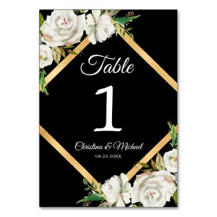 Watercolor White Black Gold Floral Wedding Tischnummer