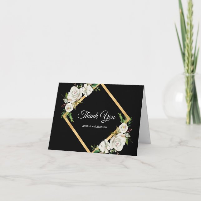Watercolor White Black Gold Floral Wedding Vielen  Dankeskarte (Vorderseite)