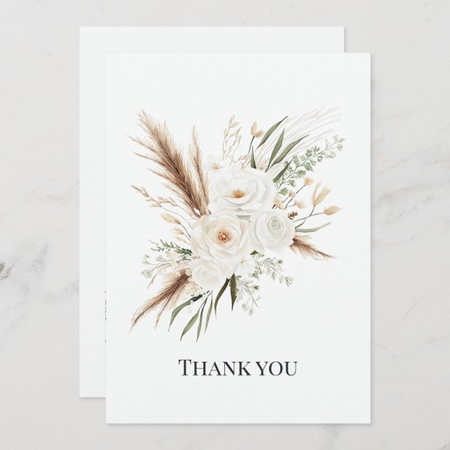 Watercolor White Bohemian Floral Boho Wedding Dankeskarte (Vorne/Hinten)