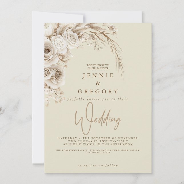 Watercolor White Boho Wedding Floral Einladung (Vorderseite)