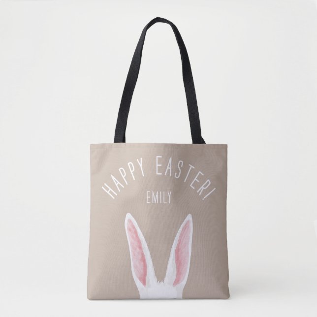 Watercolor White Bunny Ears With Name Happy Easter (Vorderseite)
